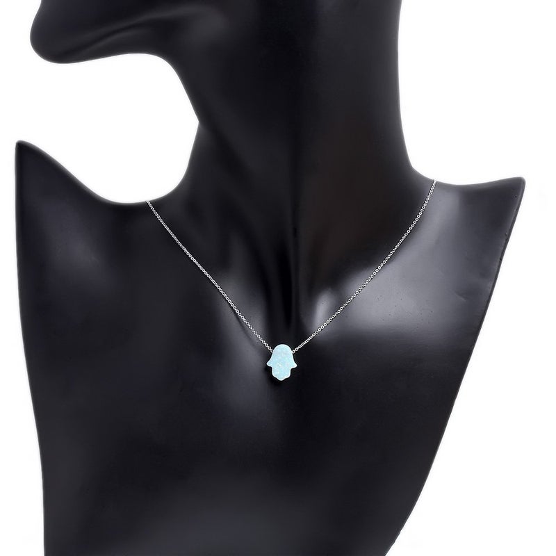 Kaletine Hamsa Hand of Fatima Necklace Sterling Silver White Synthetic Opal Pendant 11x13mm Cable Chain 16"/17"/18" - Image 4